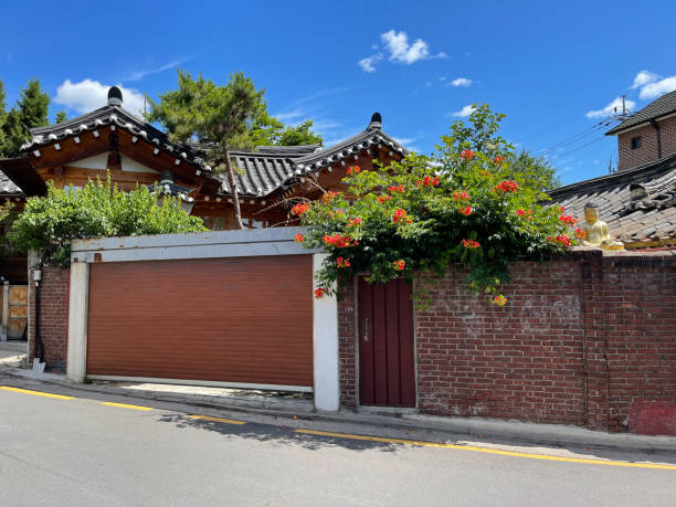 Seoul, Korea - June 7th 2022, A beautiful day in June, its Bukchon Hanok Village in Seoul Korea. 북촌 한옥 마을
