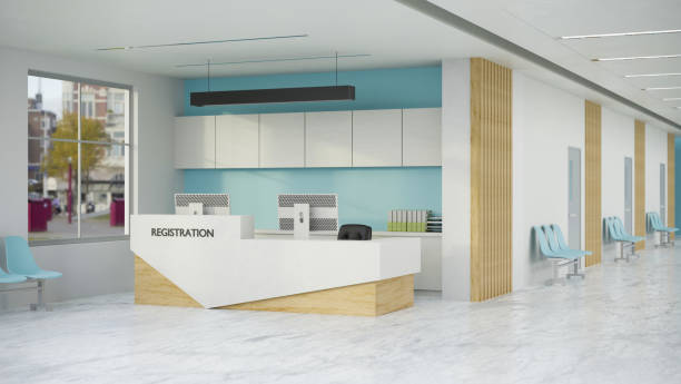 istock Modern hospital or clinic reception waiting area interior design with reception desk 1401846002