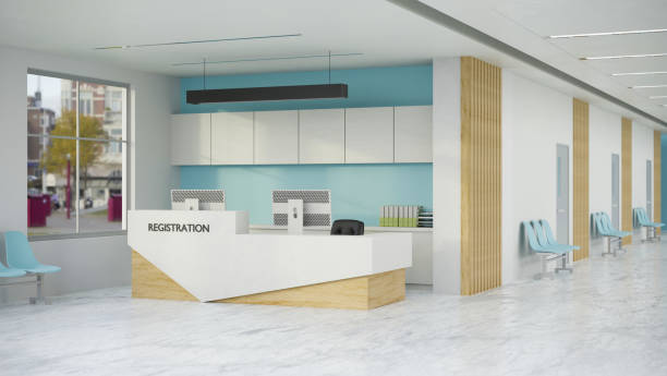 Modern hospital or clinic reception waiting area interior design with reception desk Modern hospital or clinic reception waiting area interior design with reception desk over the blue wall and waiting seats. Medical healthcare concept medical office lobby stock pictures, royalty-free photos & images