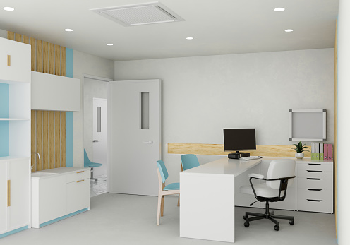Modern white and bright doctor office or medical office interior design with computer on doctor office desk, files cabinet, and decor. 3d rendering, 3d illustration