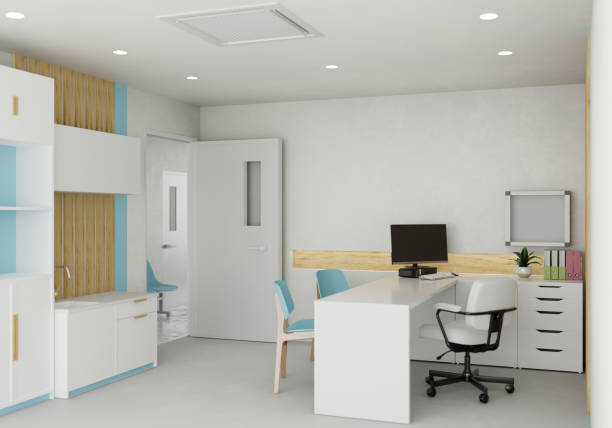 Modern white and bright doctor office or medical office interior with computer on doctor office desk Modern white and bright doctor office or medical office interior design with computer on doctor office desk, files cabinet, and decor. 3d rendering, 3d illustration doctors office stock pictures, royalty-free photos & images
