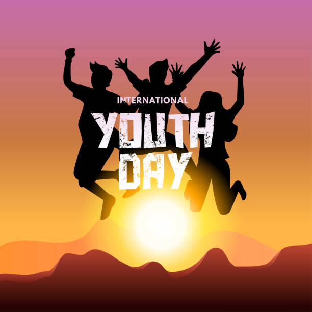 ilustraciones, imágenes clip art, dibujos animados e iconos de stock de cartel del día internacional de la juventud ilustración vectorial con silueta de personas saltando sobre la puesta de sol - juventud