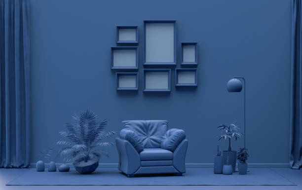 istock Mock-up poster gallery wall with 7 frames in solid pastel dark blue room 1401849434