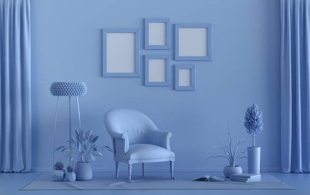 istock Flat color interior room for poster showcase with 5 frames, monochrome blue gallery wall 1401850150