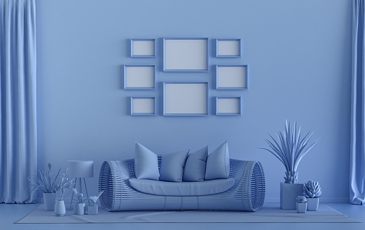 Minimal living room in flat single pastel light blue color with 8 frames furniture and plants