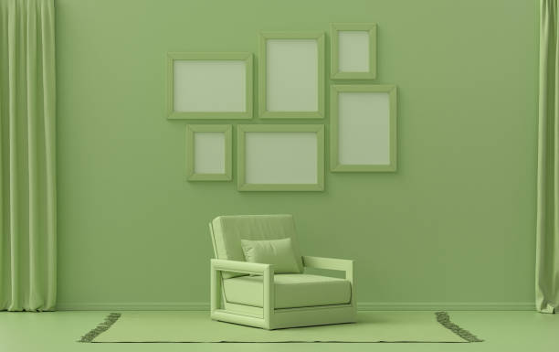 istock Wall mockup with six frames in solid flat pastel light green color, monochrome interior 1401850281