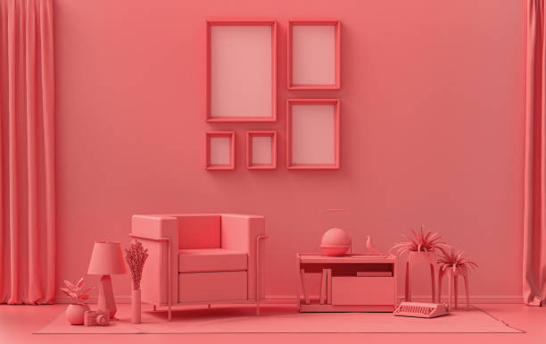 istock Flat color interior room for poster showcase with 5 frames, monochrome light pink gallery wall and plants 1401850292