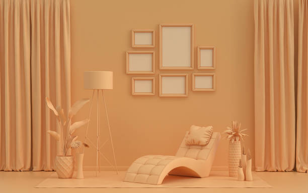 istock Mock-up poster gallery wall with 7 frames in solid pastel orange room with a meditation bed 1401850318