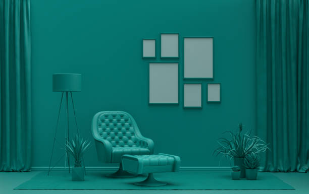 istock Wall mockup with six frames in solid flat pastel dark green color, monochrome interior 1401850335