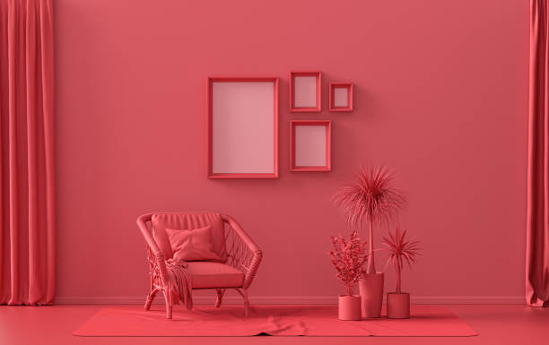 istock Interior room in plain monochrome red, 4 frames and plants, Gallery wall 1401850347