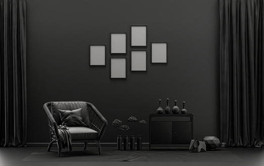 Poster frame background room flat dark gray color with 6 frames, monochrome gallery wall mockup