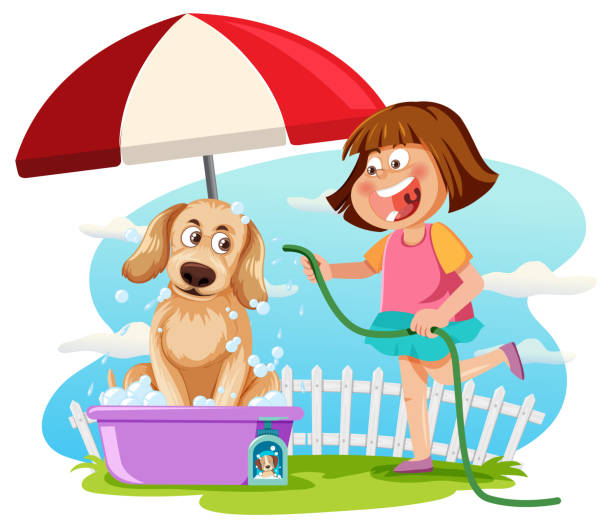 istock A girl washing her dog cartoon 1401851358