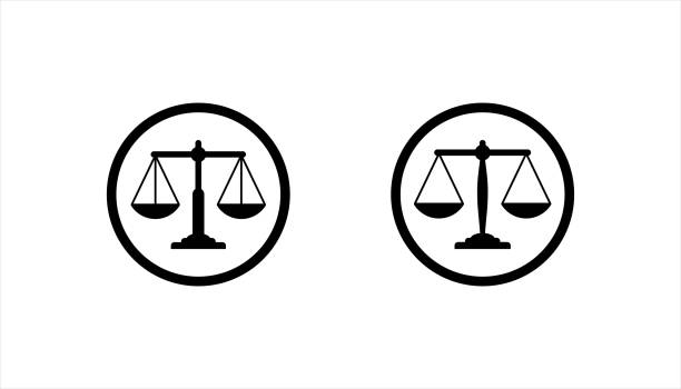 weight scale icon. justice scales symbol. two scales in flat style, vector illustration - scales of justice 幅插畫檔、美工圖案、卡通及圖標