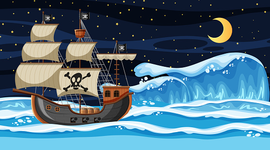 Ocean Scene At Night With Pirate Ship In Cartoon Style Stock Illustration -  Download Image Now - iStock