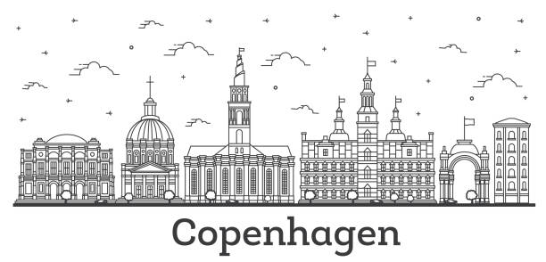 bildbanksillustrationer, clip art samt tecknat material och ikoner med outline copenhagen denmark city skyline with historic buildings isolated on white. - copenhagen business