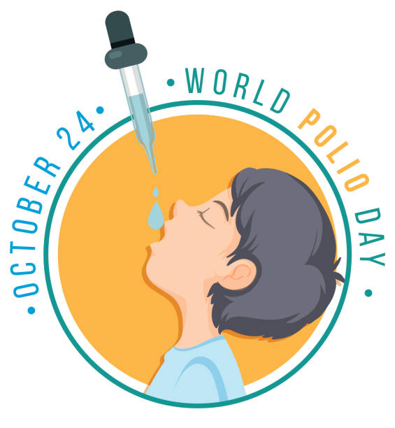 경구 소아마비 백신을받는 소년과 함께 세계 소아마비의 날 배너 - 소아마비 stock illustrations