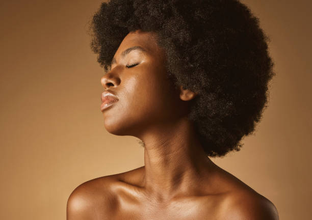 istock Confident African American woman with a natural afro posing against brown studio copyspace background. Young beautiful black female model looking trendy, powerful and sensual with smooth glowing skin 1401857563