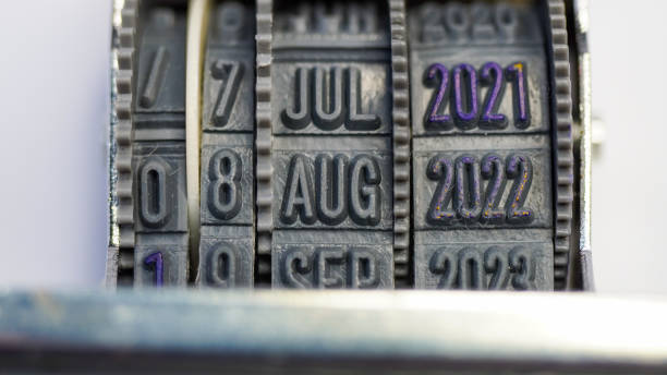 istock Macro photo of approval stamp with focus on August 08, 2022. 1401862455
