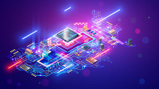 ilustrações de stock, clip art, desenhos animados e ícones de map usa or america technology conceptual banner. circuit united states of america as a electronic printed circuit board with chip or cpu processor. usa tech background. microelectronics industry. - computer chip circuit board isometric computer