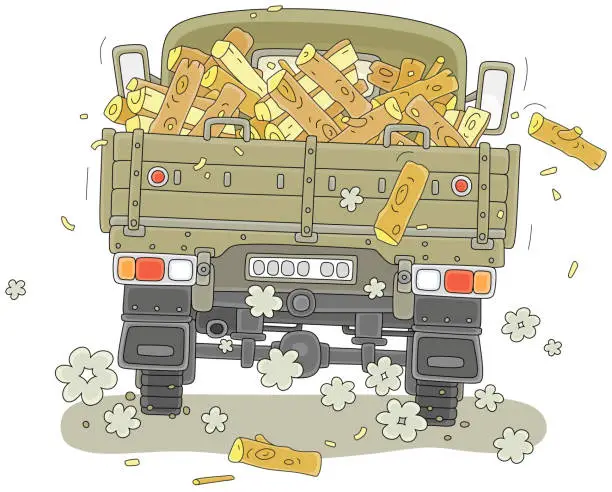 Vector illustration of Green truck with firewood on a dusty road