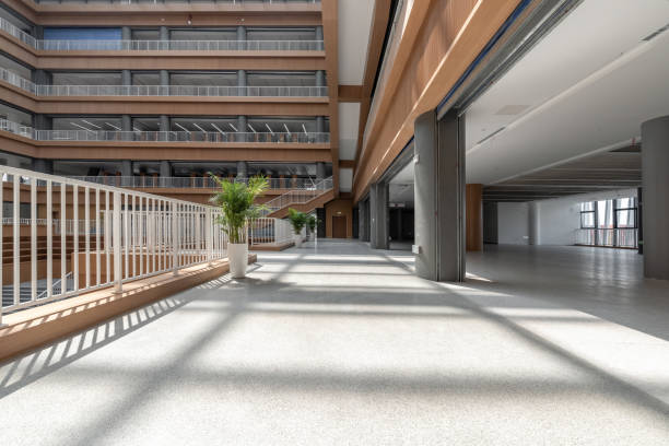 istock The sun shines on the open corridor of the library 1401865632