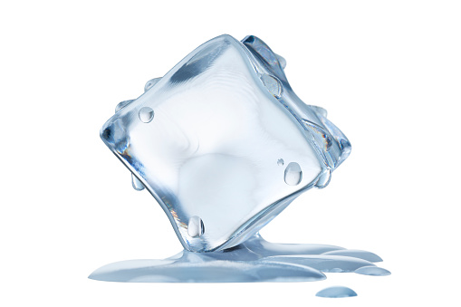 ice cube with water droplets isolated over bright blue background. Front view