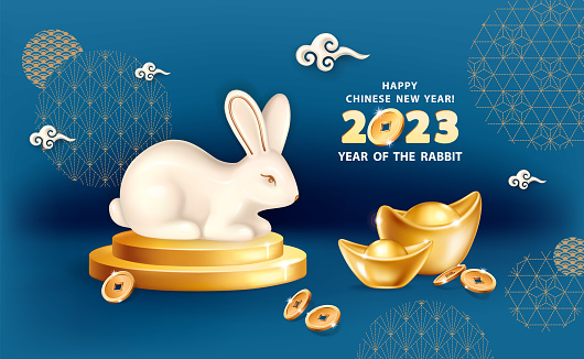 Rabbit is a symbol of the 2023 Chinese New Year. Horizontal banner with cute white rabbit, realistic gold ingots Yuan Bao on and coins on a dark blue background. The wish of wealth, monetary luck