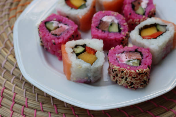 istock Japanese salmon sushi colored with beetroot juice 1401866118