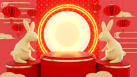 Gold Rabbit and red pedestal with lamp,mock up presentation, Chinese New Year celebration,Lunar New Year concept,3D rendering