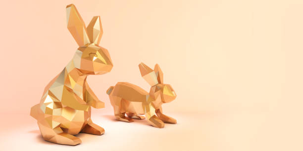 ピンクの背景に黄金のウサギ、黄金の3dポリゴンウサギ、イースターウサギ、3dレンダリング - golden daisy ストックフォトと画像