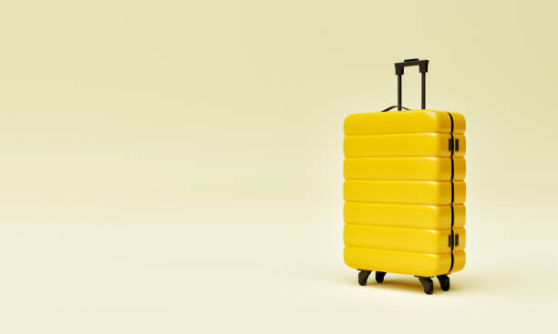 istock Yellow trolley suitcase on isolated background. Travel object and wanderlust concept. 3D illustration rendering 1401870422
