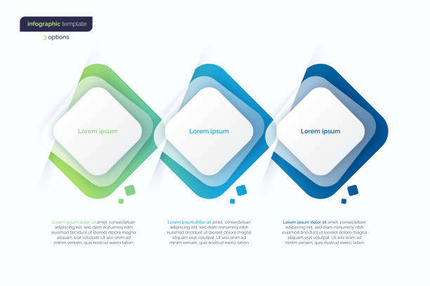 abstrakte minimalistische infografikvorlage für vektorgradienten, die aus 3 abgerundeten quadraten besteht - clip art grafiken stock-grafiken, -clipart, -cartoons und -symbole