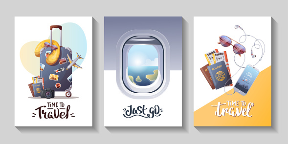 Set of cards for travel, tourism, adventure, journey. Suitcase, airplane, camera, passport and tickets, plane window, handwritten phrases. Vector illustration, postcar, cover, poster template.