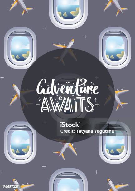Flight Window Quotes Card Design With Airplane Window Plane And Handwritten Quote Stock ...