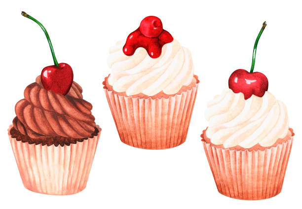 체리 컵케이크 세트. 수채화 그림. 흰색 배경에 고립되어 있습니다. 디자인을 위해. - cupcake sugar isolated on white white background stock illustrations