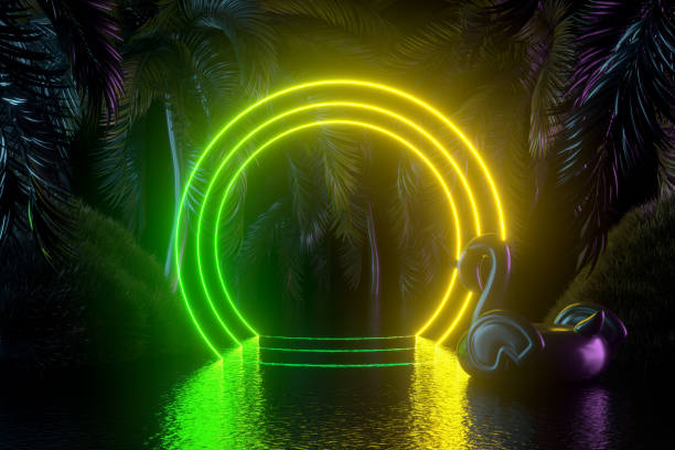 istock Neon Lighting Summer Holiday Travel Background with Palm Trees 1401874209