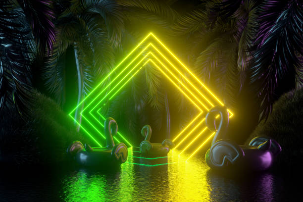 istock Neon Lighting Summer Holiday Travel Background with Palm Trees 1401874367
