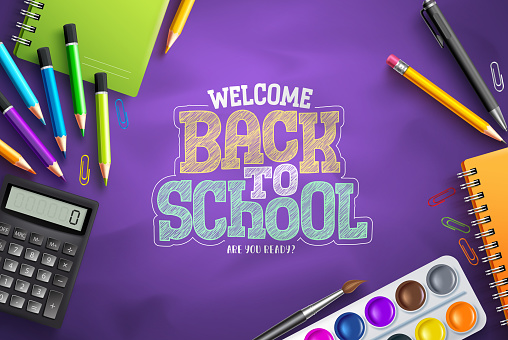Back to school vector background design. Welcome back to school text in purple space