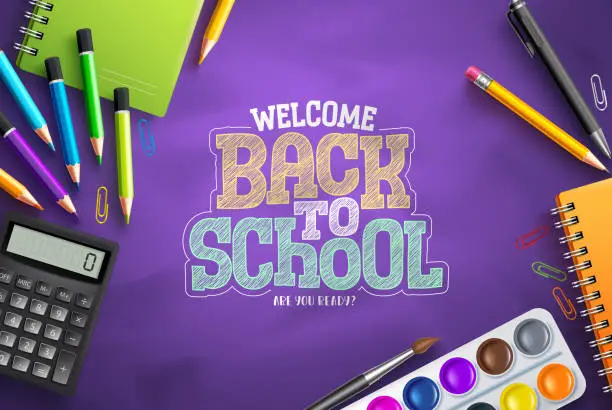 Vector illustration of Back to school vector background design. Welcome back to school text in purple space