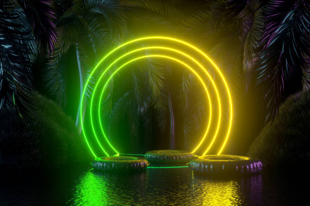 istock Neon Lighting Summer Holiday Travel Background with Palm Trees 1401874624