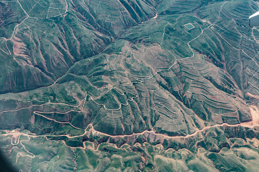 The winding natural terrain captured by aerial view in Gansu Province, China