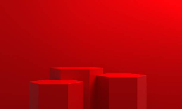 istock 3d rendering of red abstract geometric background. Scene for advertising, technology, showcase, banner, cosmetic, fashion, business, sport, metaverse. Sci-Fi Illustration. Product display 1401874715