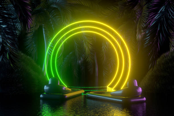 istock Neon Lighting Summer Holiday Travel Background with Palm Trees 1401874789