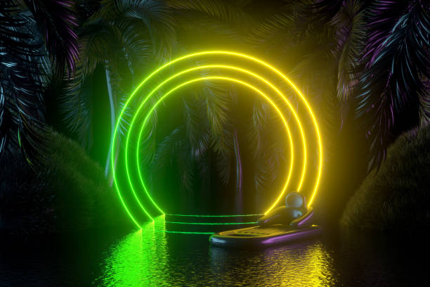 istock Neon Lighting Summer Holiday Travel Background with Palm Trees 1401874935