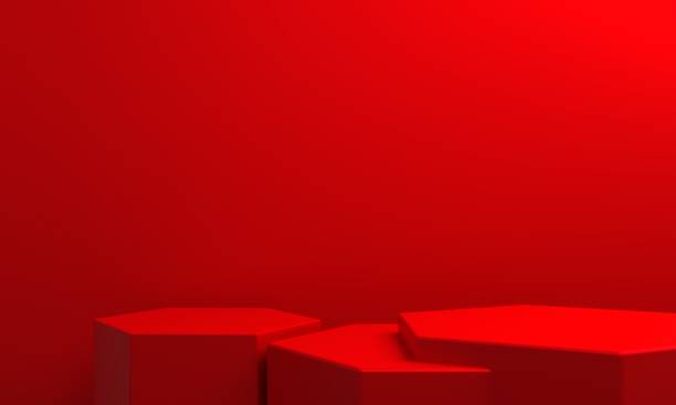 istock 3d rendering of red abstract geometric background. Scene for advertising, technology, showcase, banner, cosmetic, fashion, business, sport, metaverse. Sci-Fi Illustration. Product display 1401874953