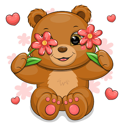 Cute cartoon brown bear with red flowers and hearts.