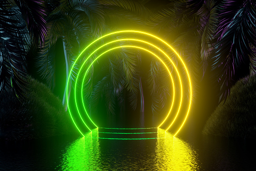 3d rendering of Neon Lighting Summer Holiday Travel Background with Palm Trees.