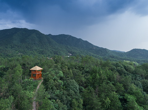 A small wooden pavilion in a quiet forest in Dongyang, Zhejiang Province