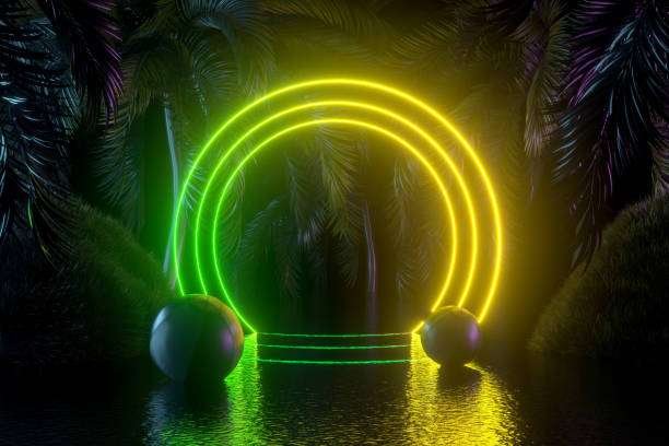 istock Neon Lighting Summer Holiday Travel Background with Palm Trees 1401875635