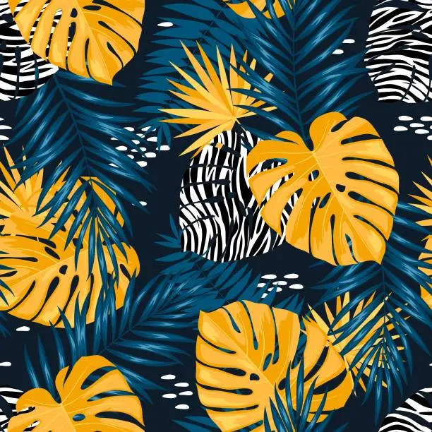 Vector illustration of Seamless tropical vector pattern with tropical plants and palm leaves.